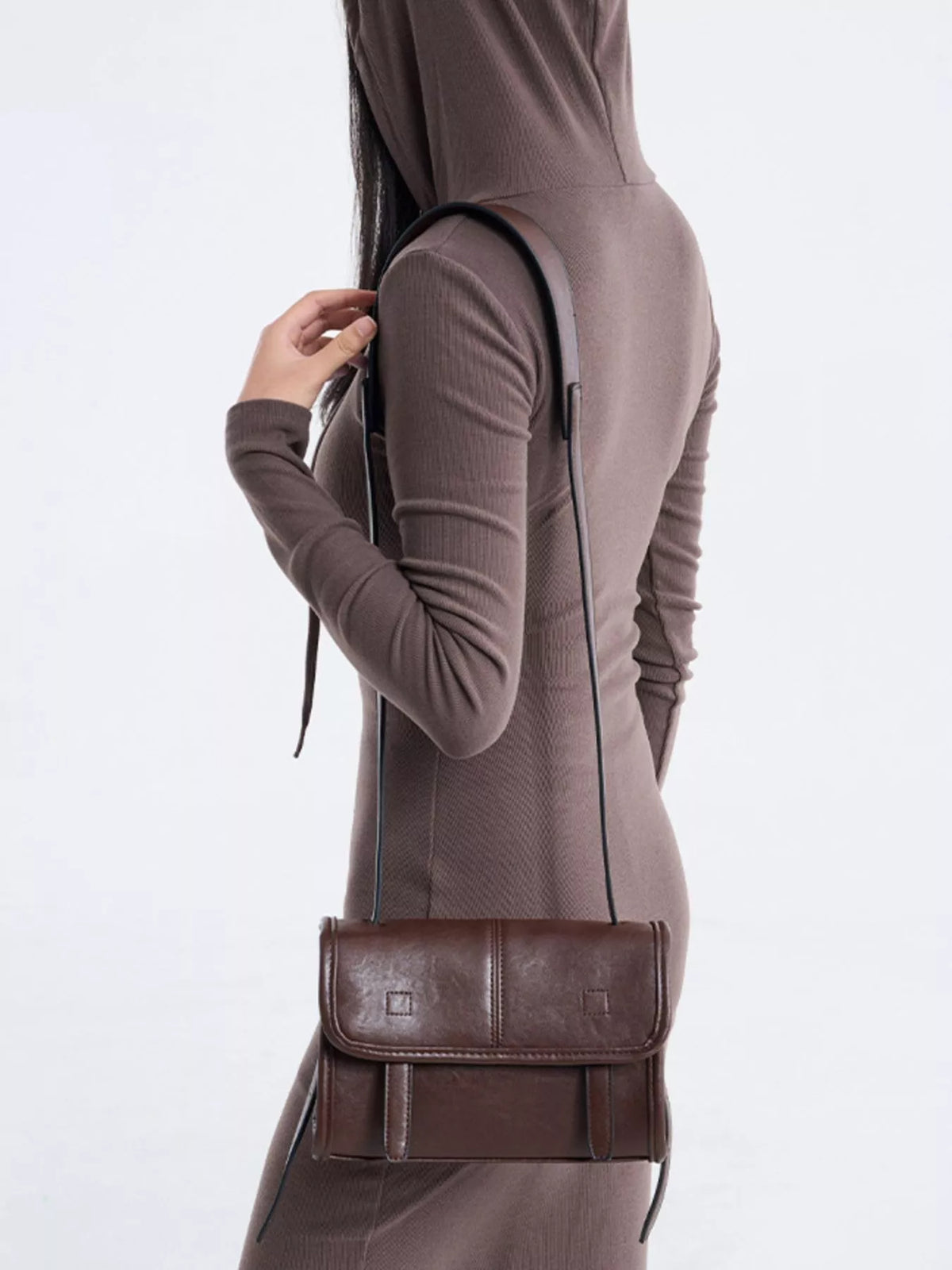 PU Leather Messenger Crossbody Bag with Flap Closure in Brown, view 3