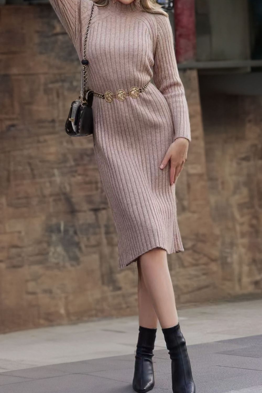 Ribbed Mock Neck Sweater Dress in Tan, view 2