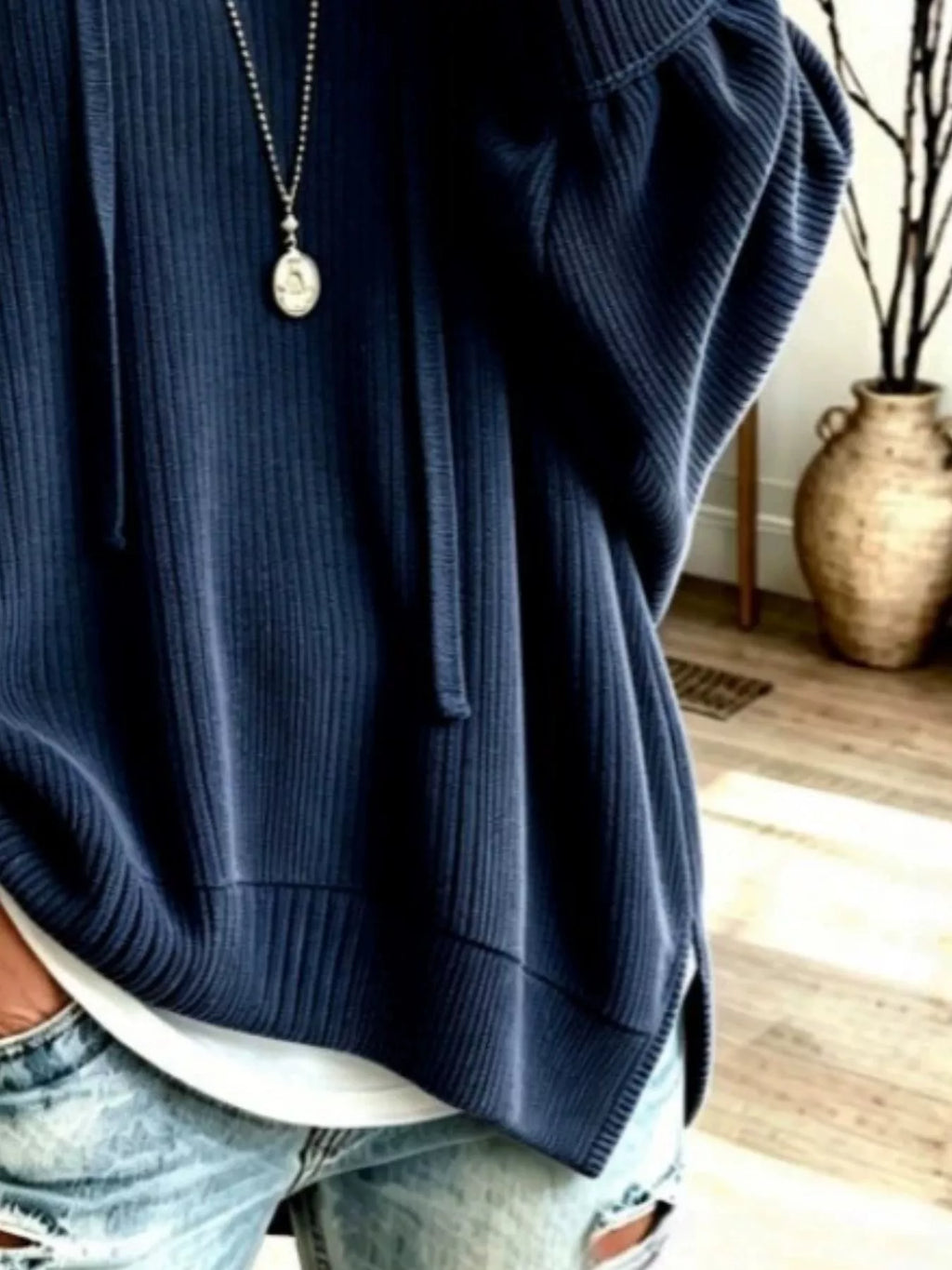 Drawstring Ribbed Knit Hoodie - Lilixa.store
