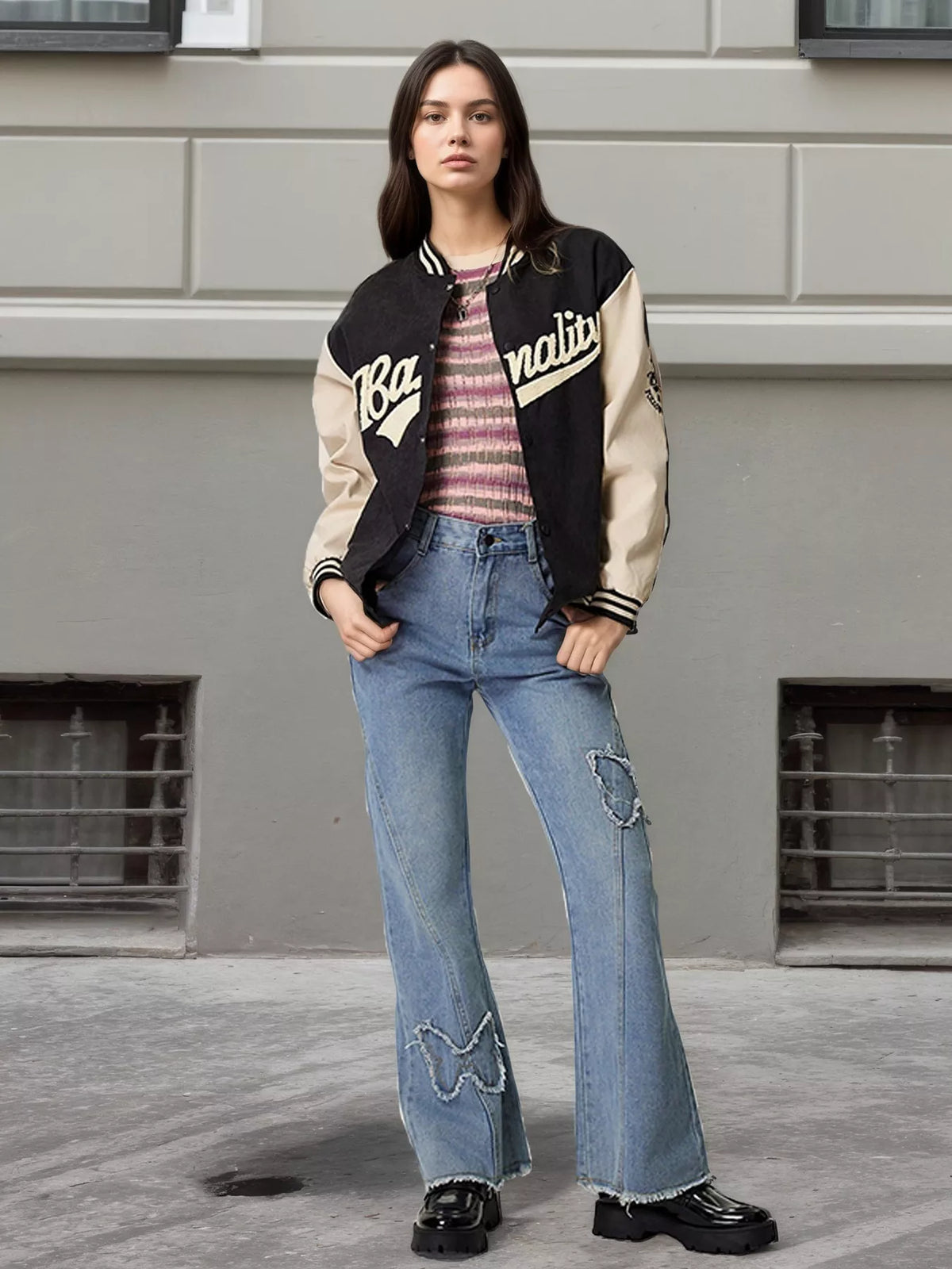 Contrast Baseball Jacket with Embroidered Lettering, view 3