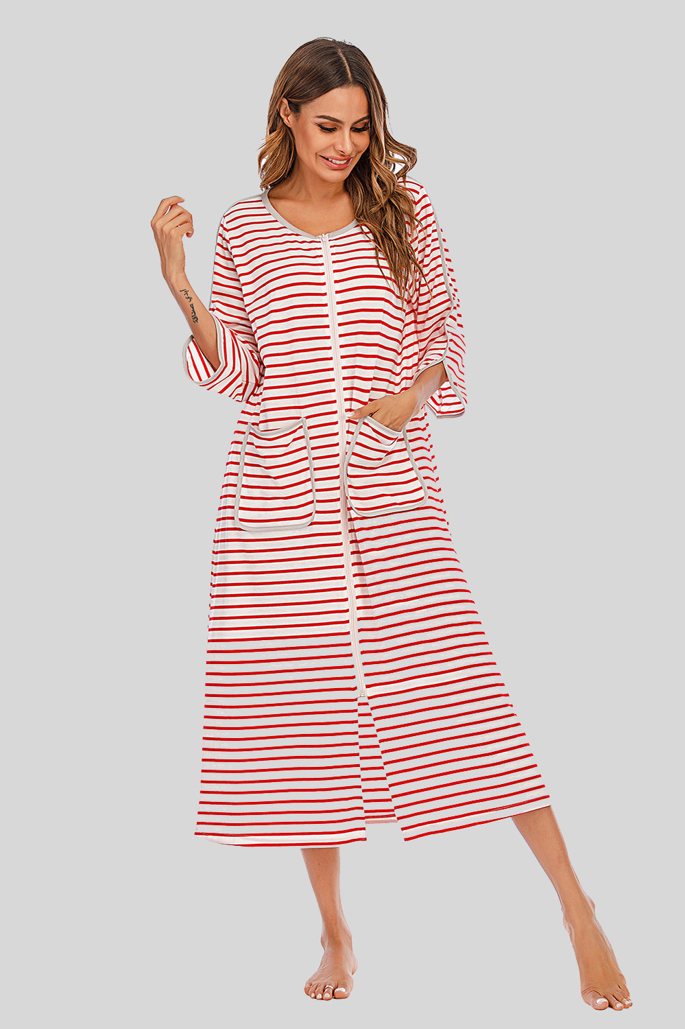 Round Neck Three-Quarter Sleeve Midi Night Dress - Lilixa.store