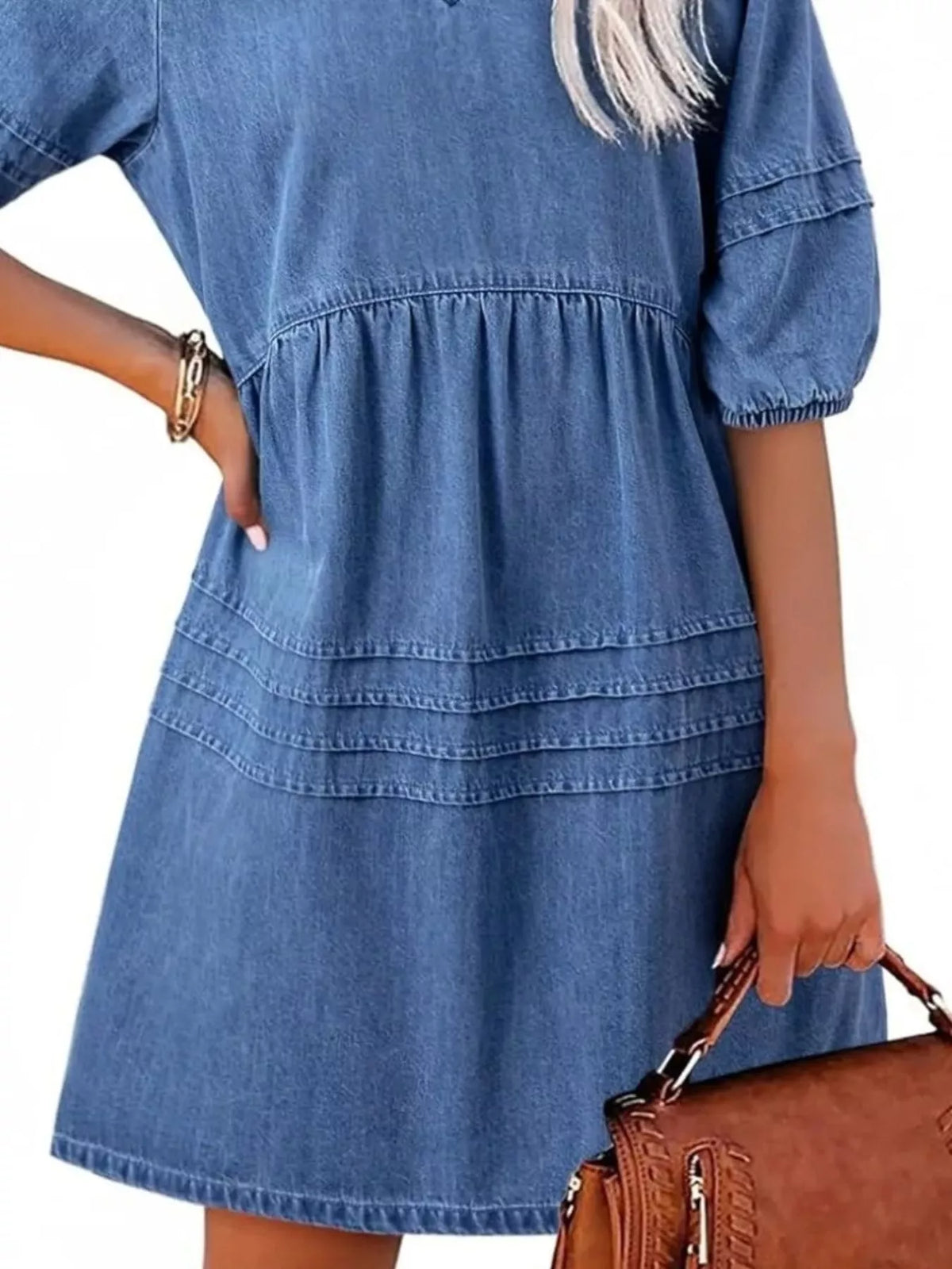Casual V-Neck Puff Sleeve Denim Mini Dress