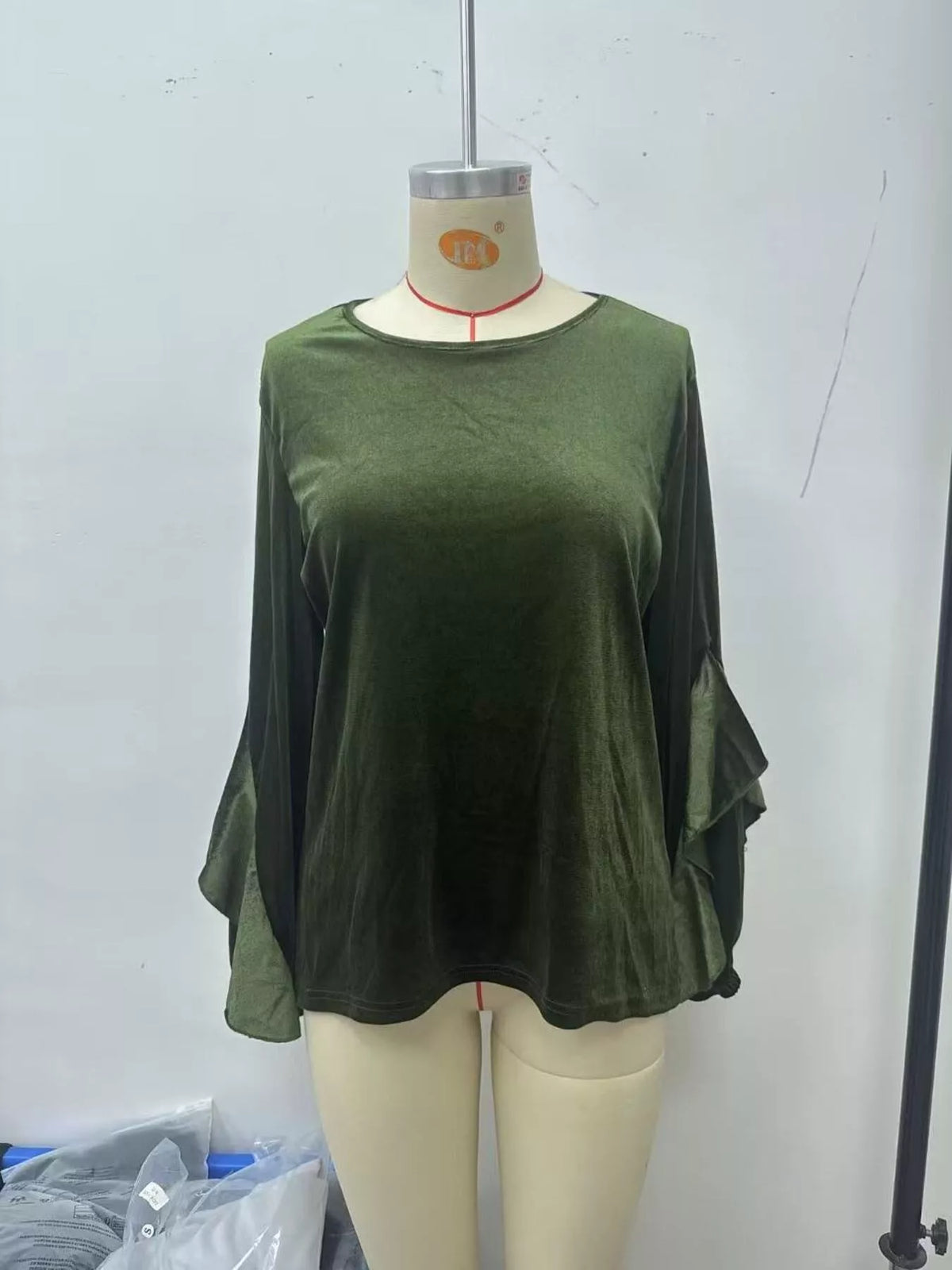 Velvet Round Neck Ruffle Sleeve Top