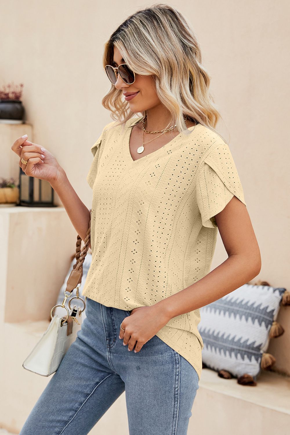 Eyelet Petal Sleeve V-Neck Knit Top, view 11