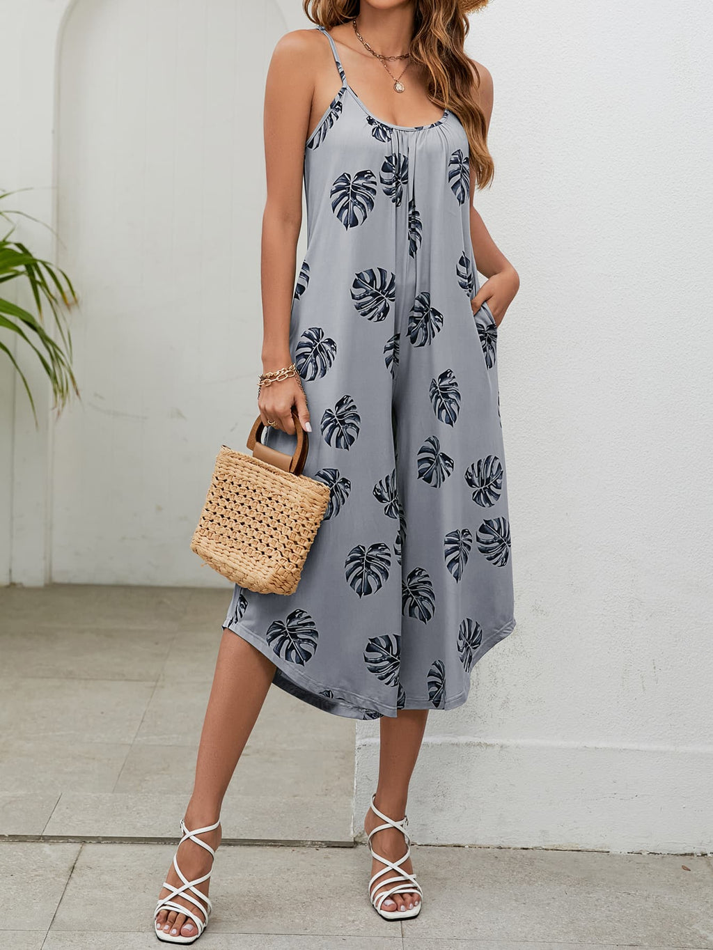 Botanical Print Spaghetti Strap Scoop Neck Jumpsuit - Lilixa.store