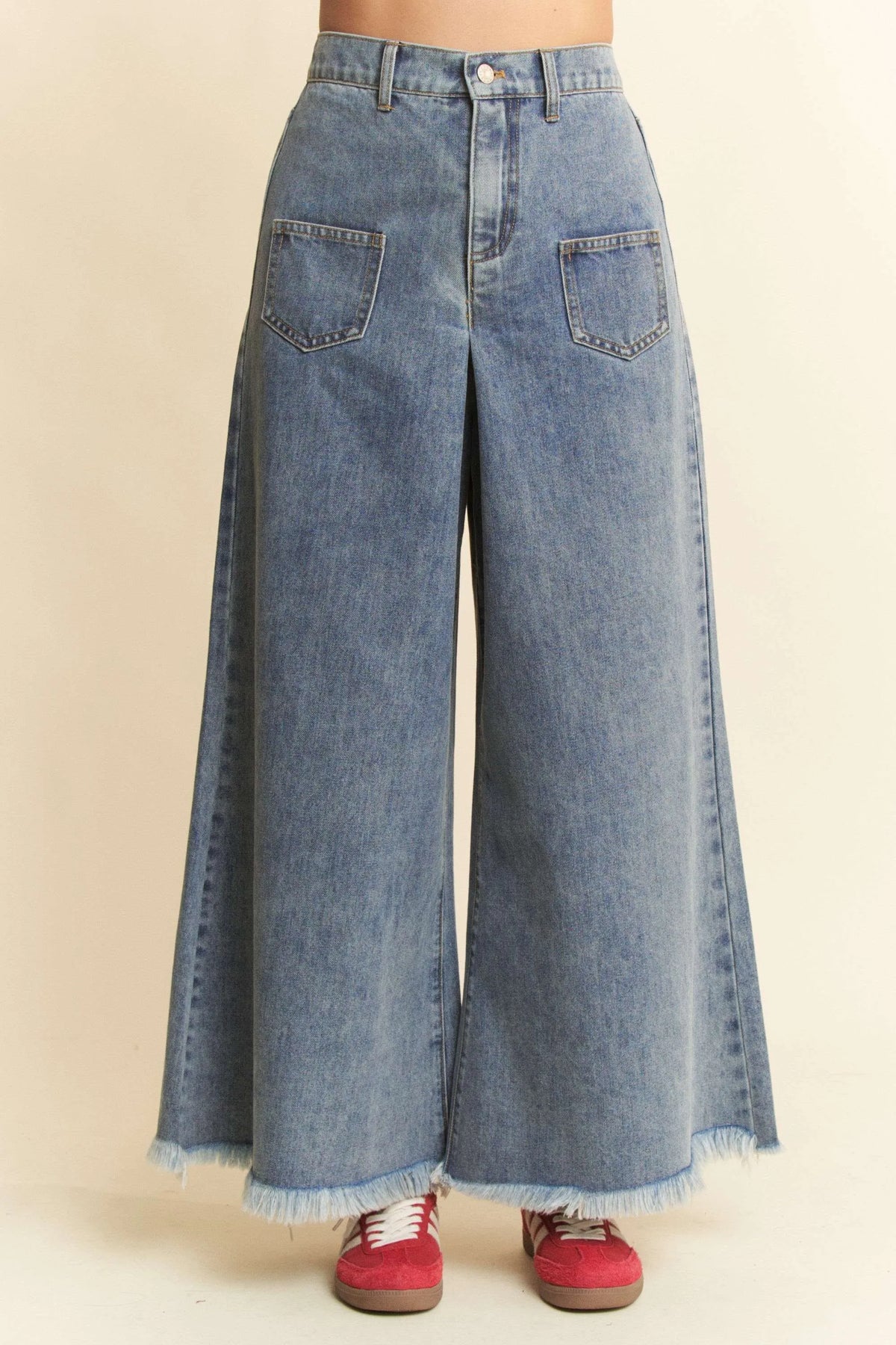 Davi & Dani Patch Pocket Wide Leg Culotte Jeans - Lilixa.store