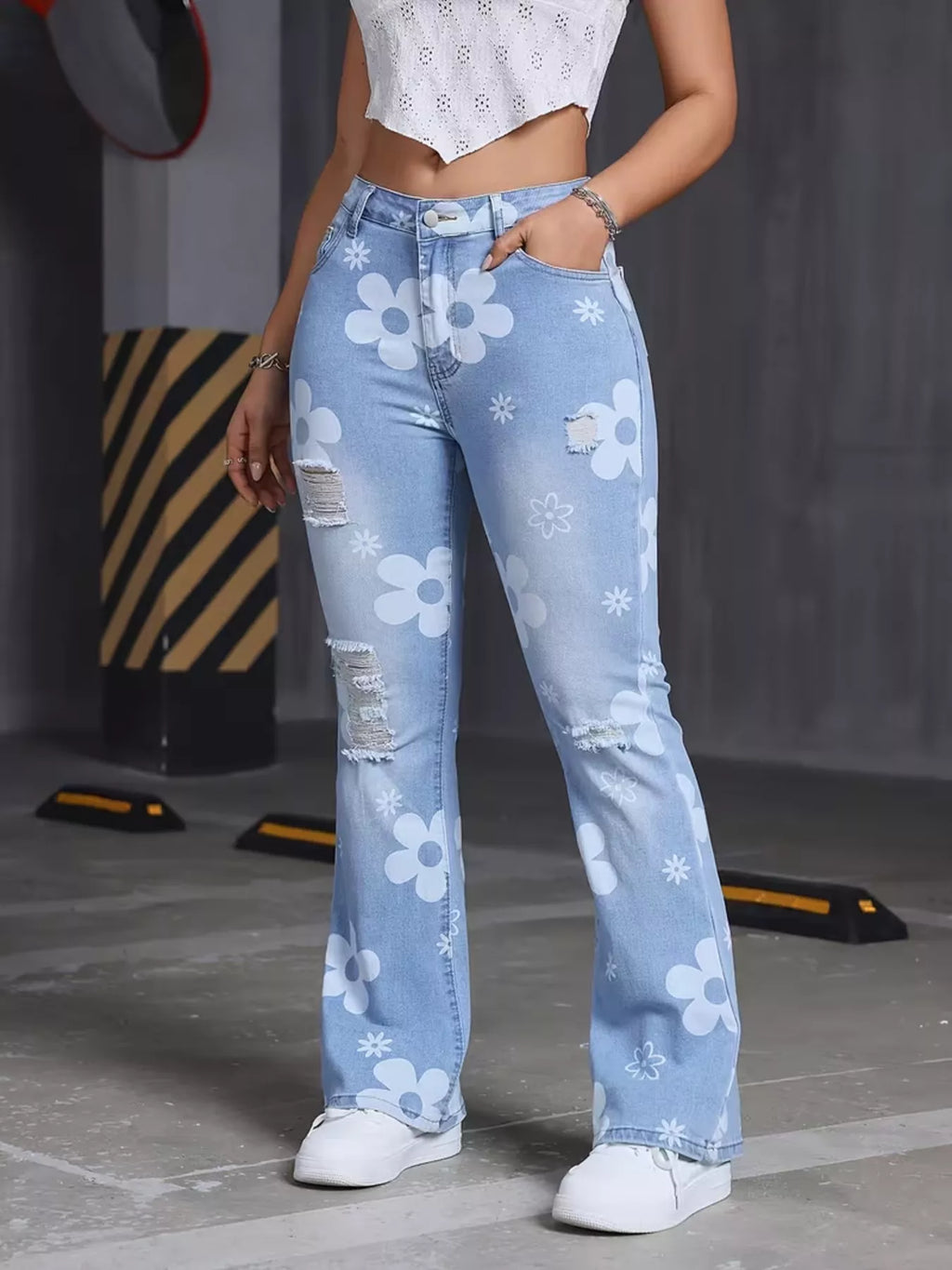 High-Waisted Floral Print Distressed Flare Jeans - Lilixa.store