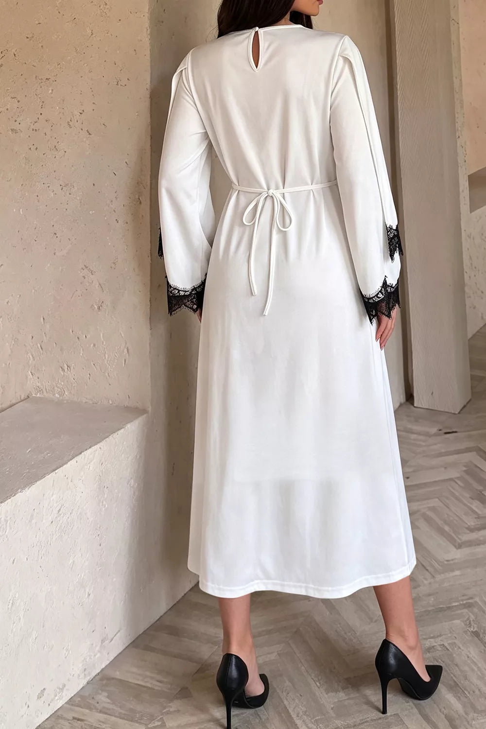 Lace Trim Round Neck Midi Dress - Lilixa.store