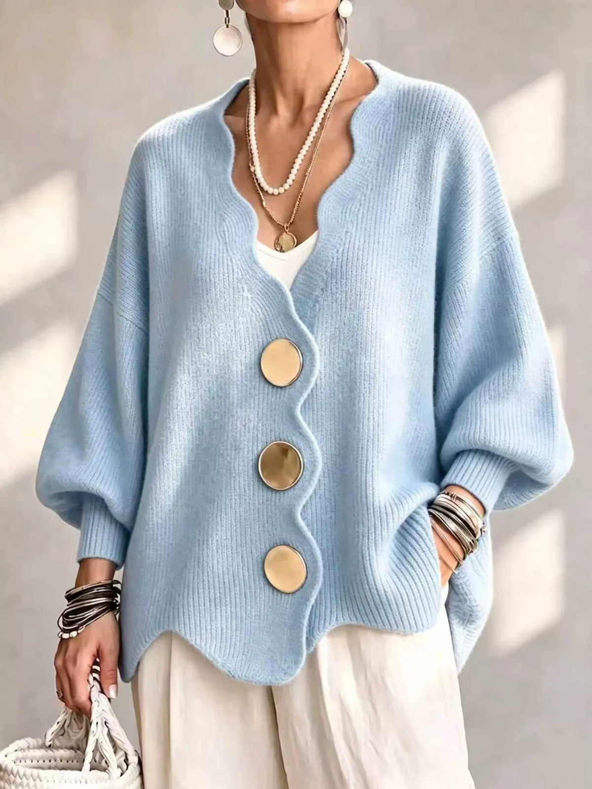 Full Size Scalloped-Edge Oversized Button-Down Cardigan Plus Size