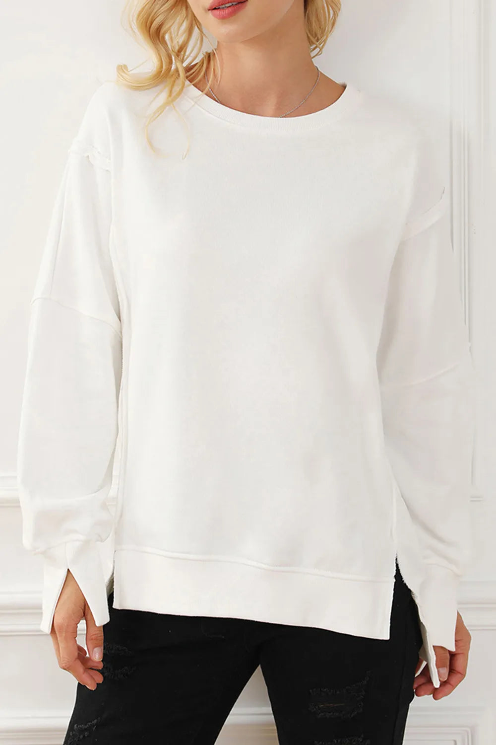 Exposed Seam High-Low Long Sleeve Sweatshirt - Lilixa.store