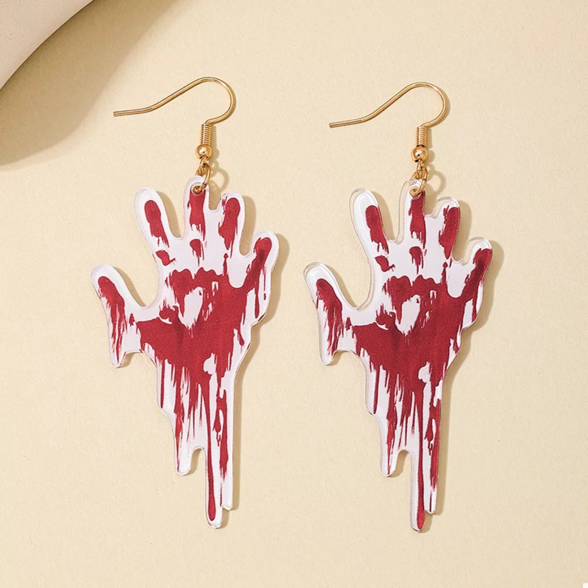 Halloween Bloody Hand Dangle Earrings in Red, view 4