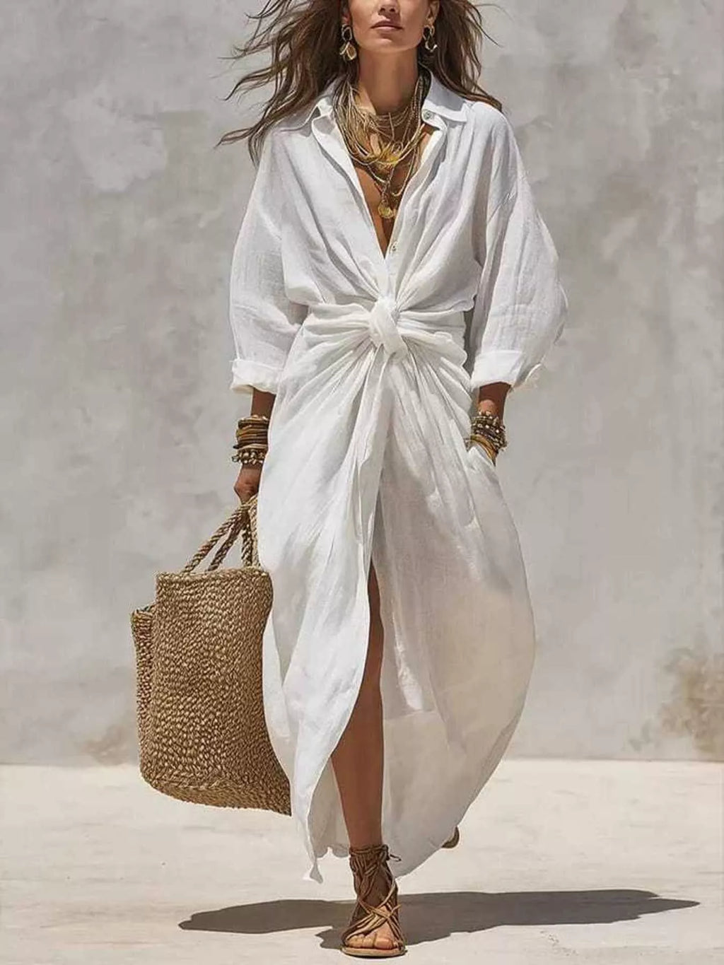 Front-Tie Maxi Shirt Dress - Lilixa.store