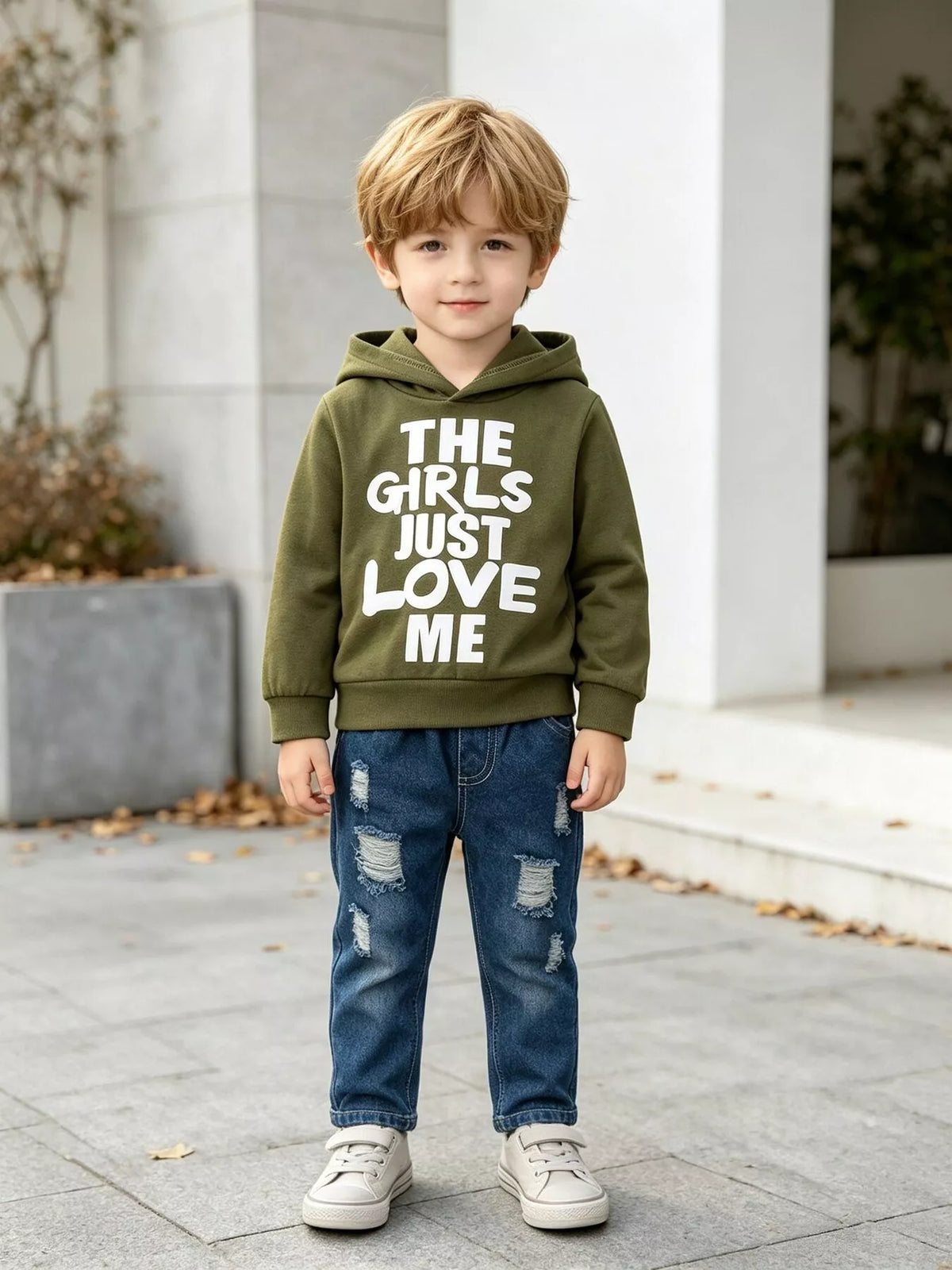 Children's Graphic Hoodie and Distressed Jeans Set in Green
