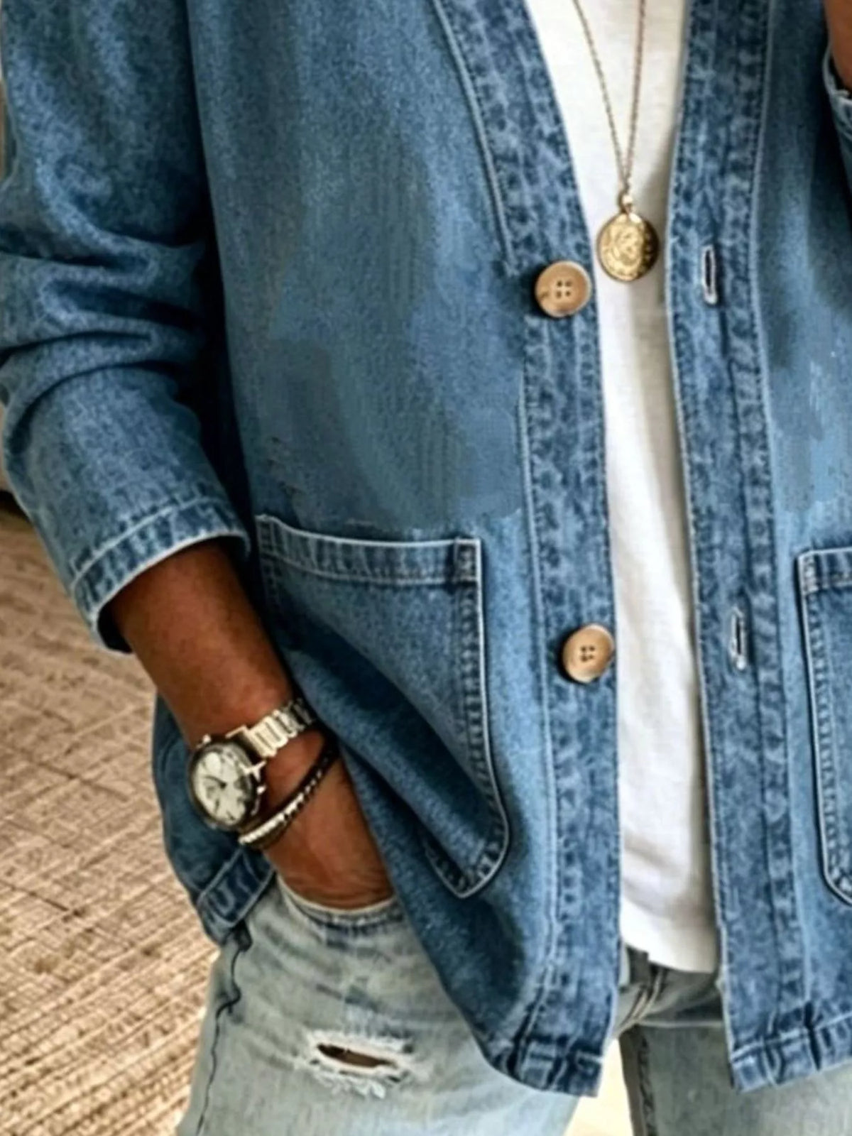 V-Neck Button-Down Denim Jacket, view 7