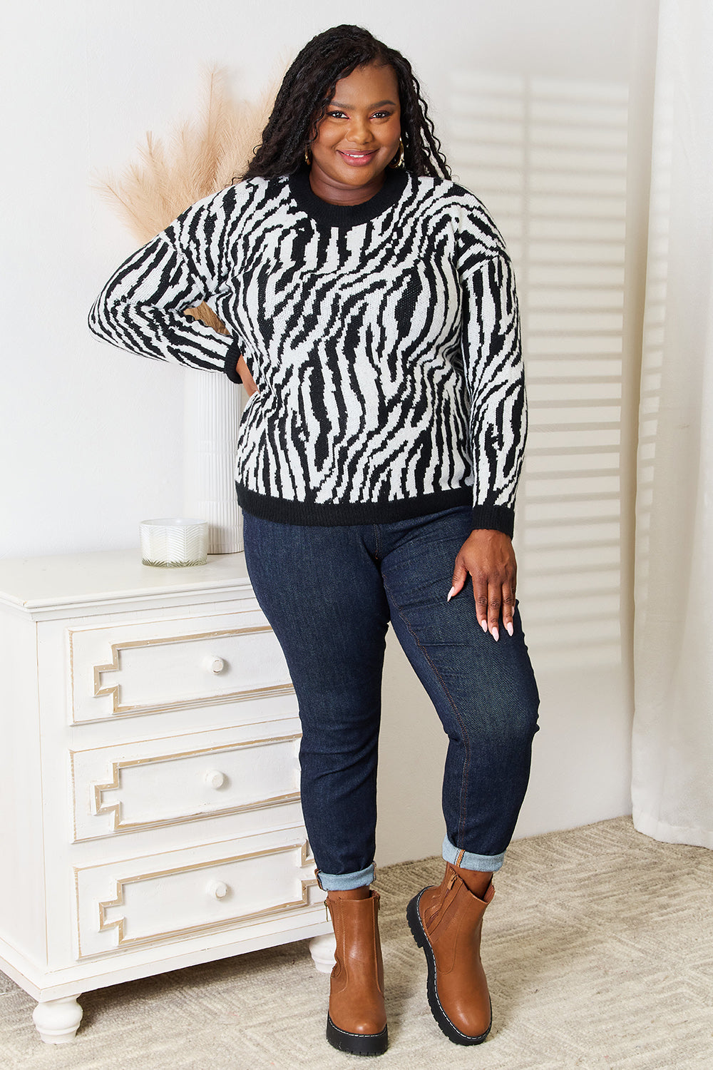 Heimish Full Size Zebra Print Sweater in Black/White, view 8
