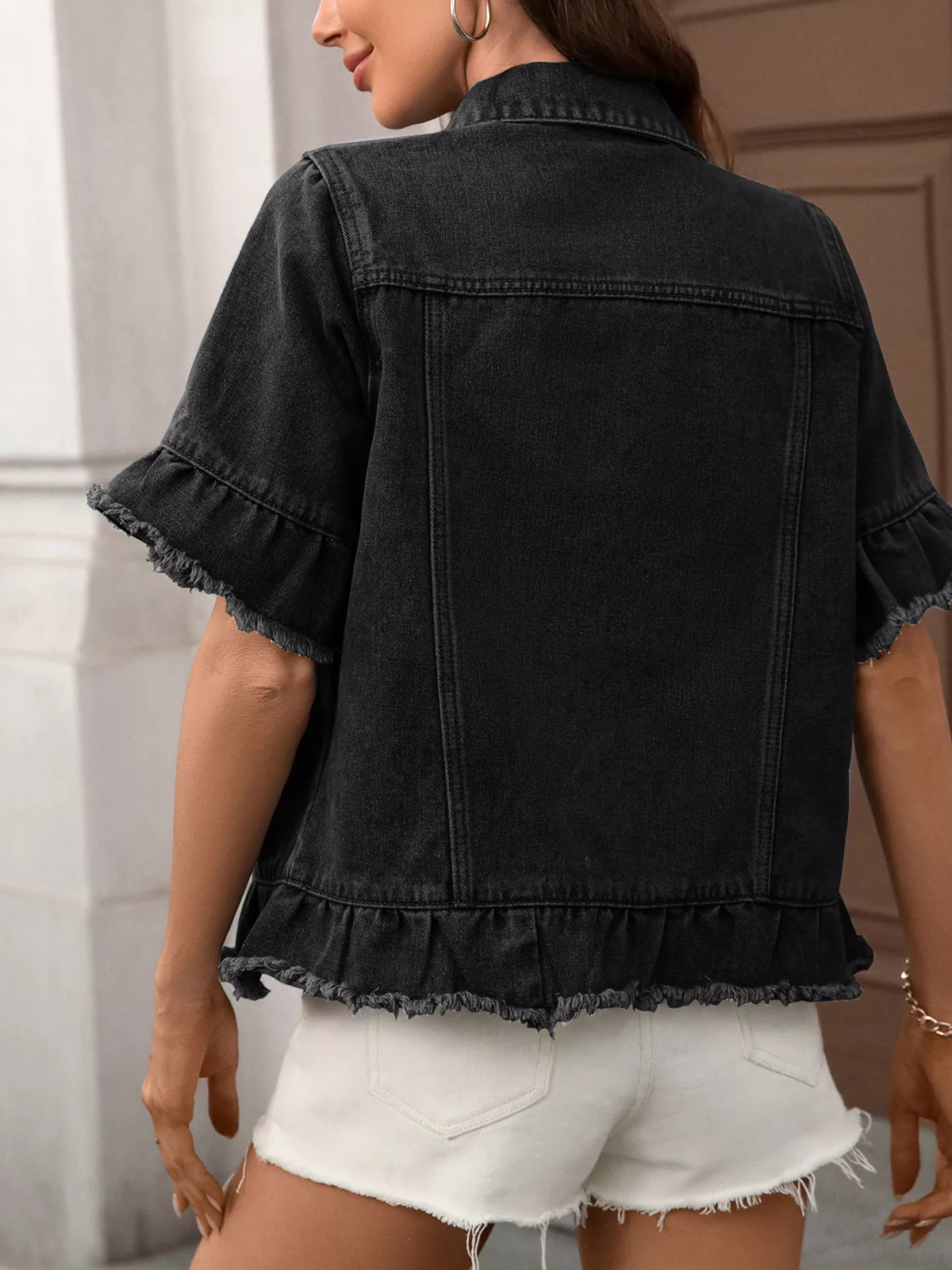 Raw Hem Button Up Denim Jacket, view 9
