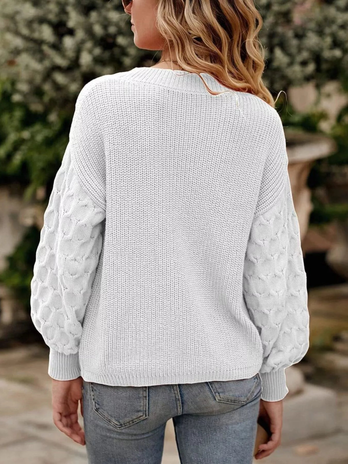 Textured Sleeve Round Neck Sweater