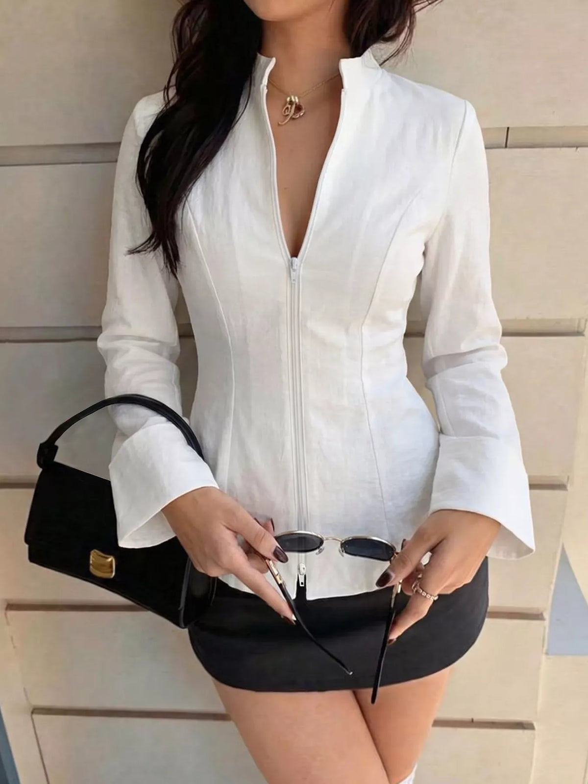 Zip Up Long Sleeve Top in Ivory