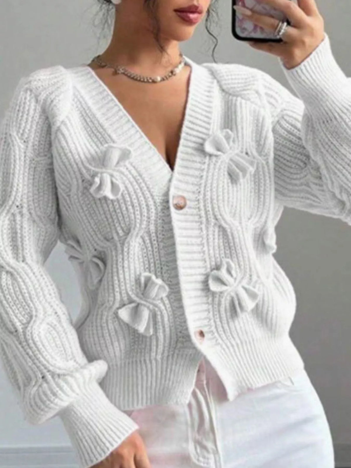 Bow Cable Knit V-Neck Cardigan - Lilixa.store