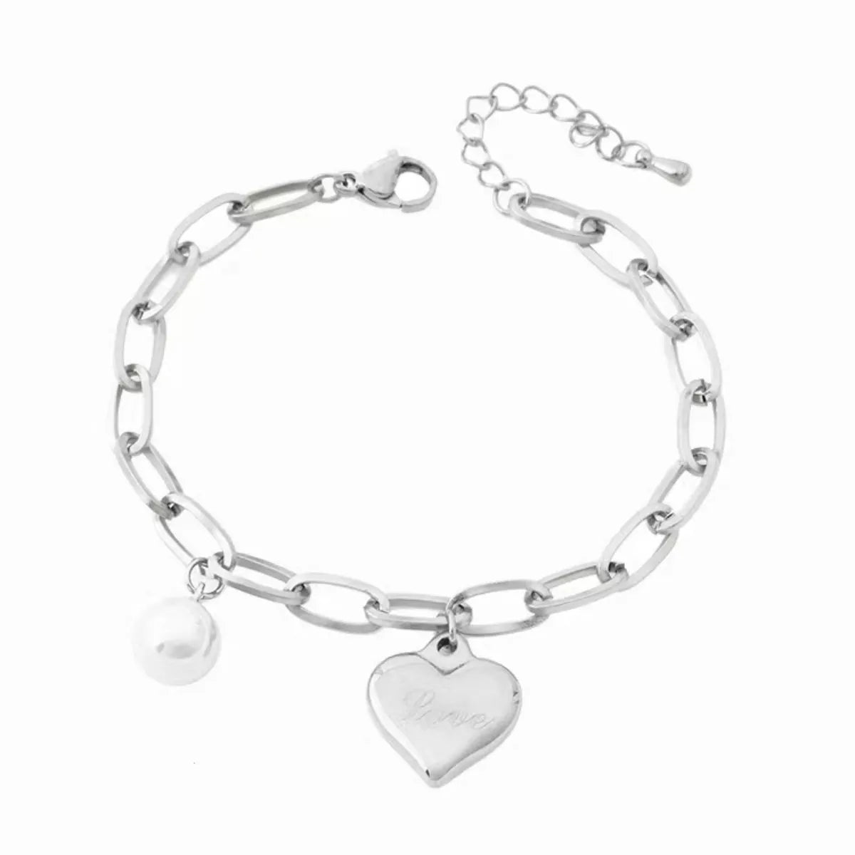 Heart Charm Pearl Accent Chain Bracelet in Silver, view 4