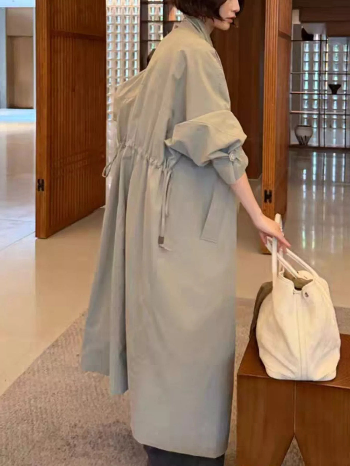 Drawstring Open Front Longline Trench Coat, view 2