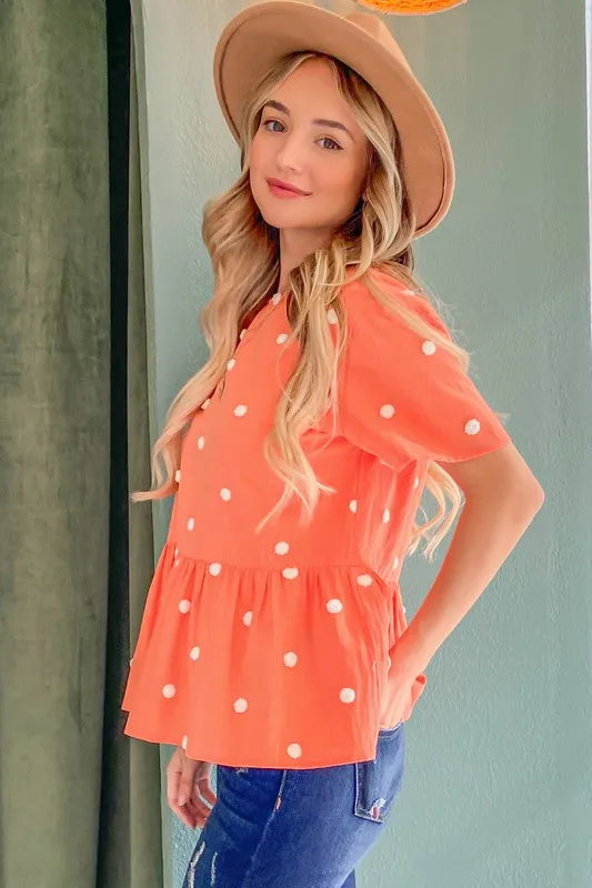 And The Why Pom Pom Polka Dots Short Sleeve Top in Coral, view 3