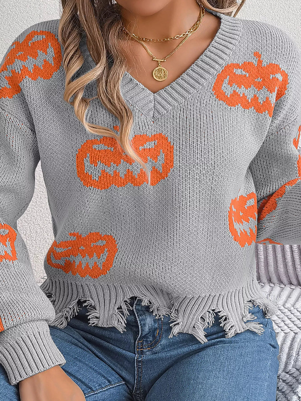 Pumpkin Distressed Hem Sweater - Lilixa.store