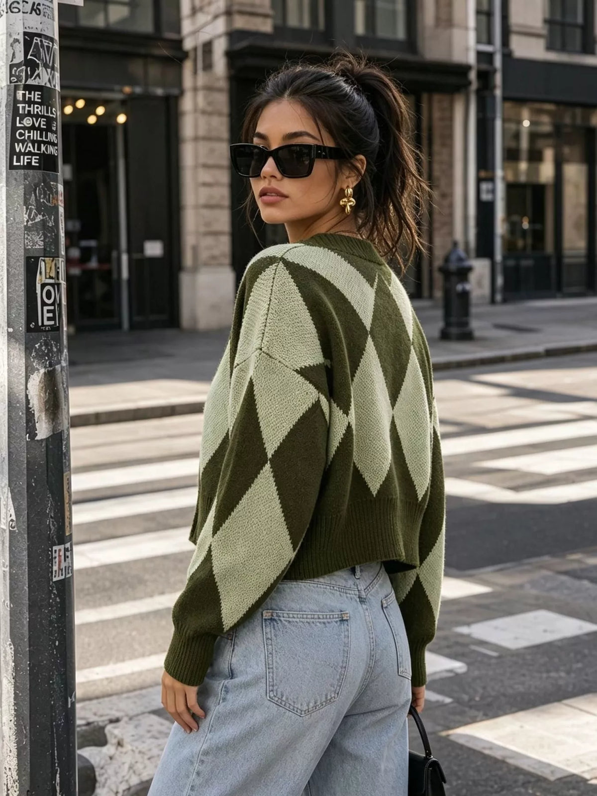 Argyle Pattern V-Neck Button-Down Cardigan, view 19