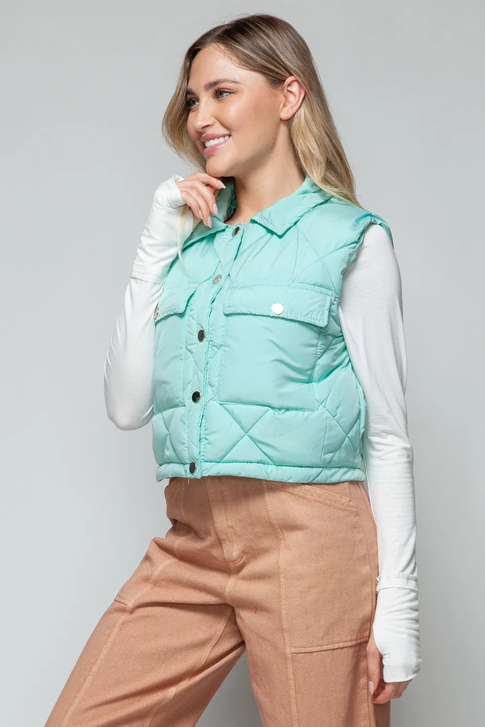 Snobbish Snap Down Quilted Crop Vest in Green, view 6