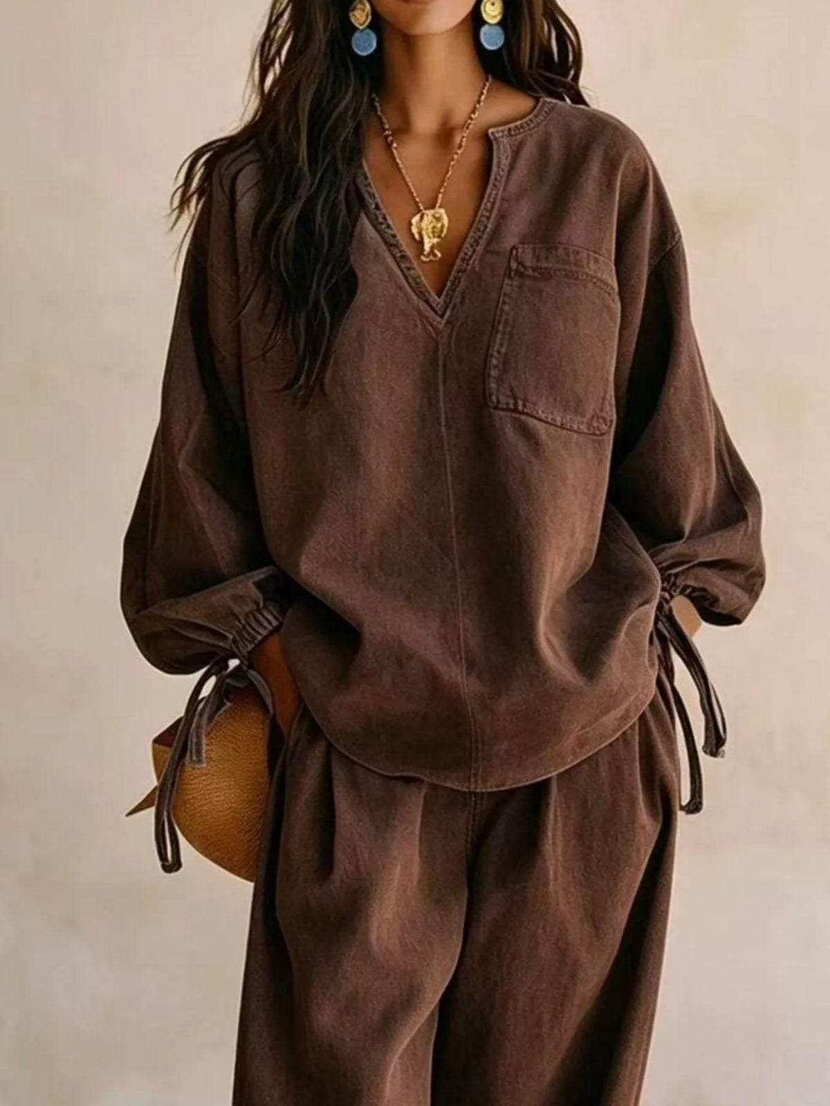 Relaxed Fit Drawstring Sleeve Detail Top and Pants Denim Set, view 8