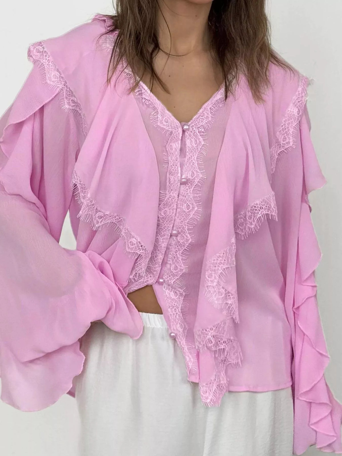 V-Neck Ruffled Lace Trim Blouse, view 8