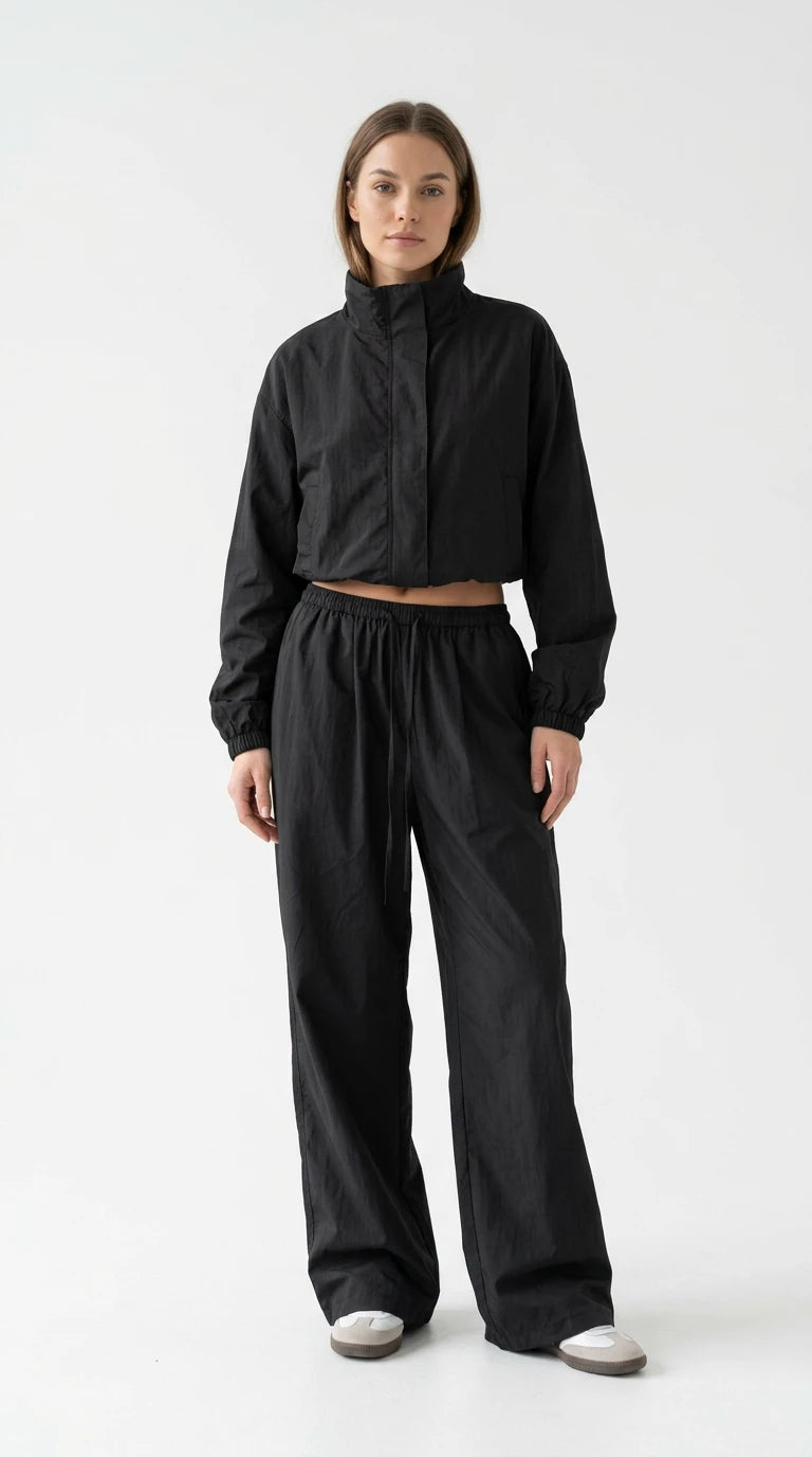 Drawstring Hem Crop Jacket and Wide-Leg Pant Set in Black