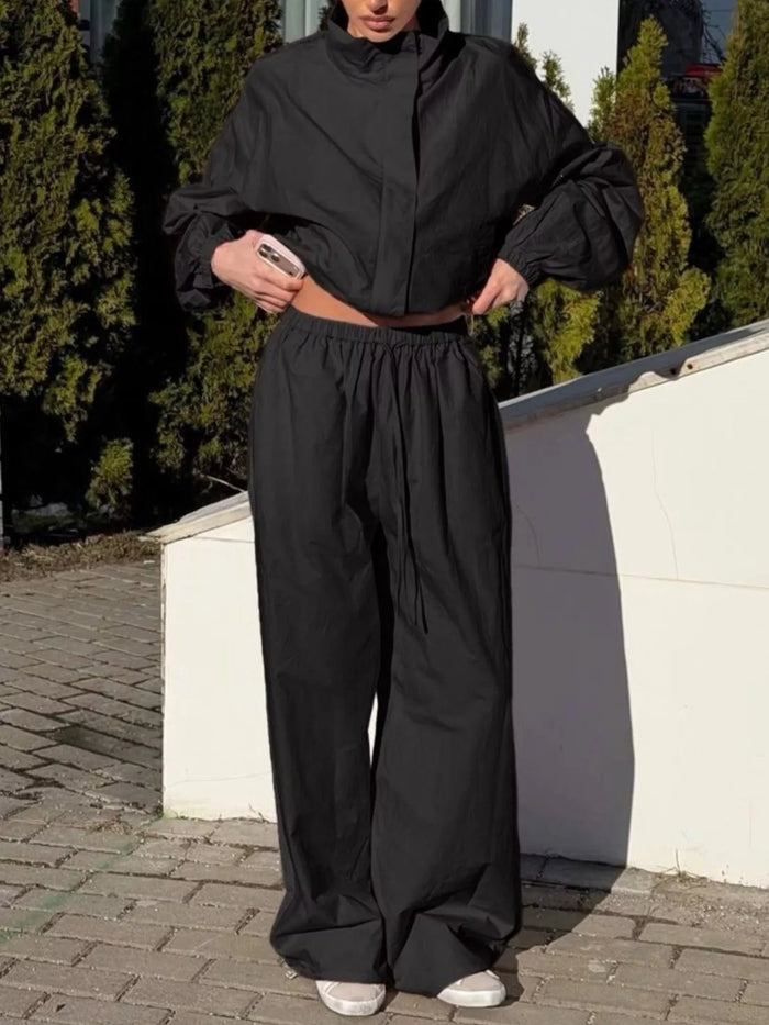 Drawstring Hem Crop Jacket and Wide-Leg Pant Set in Black
