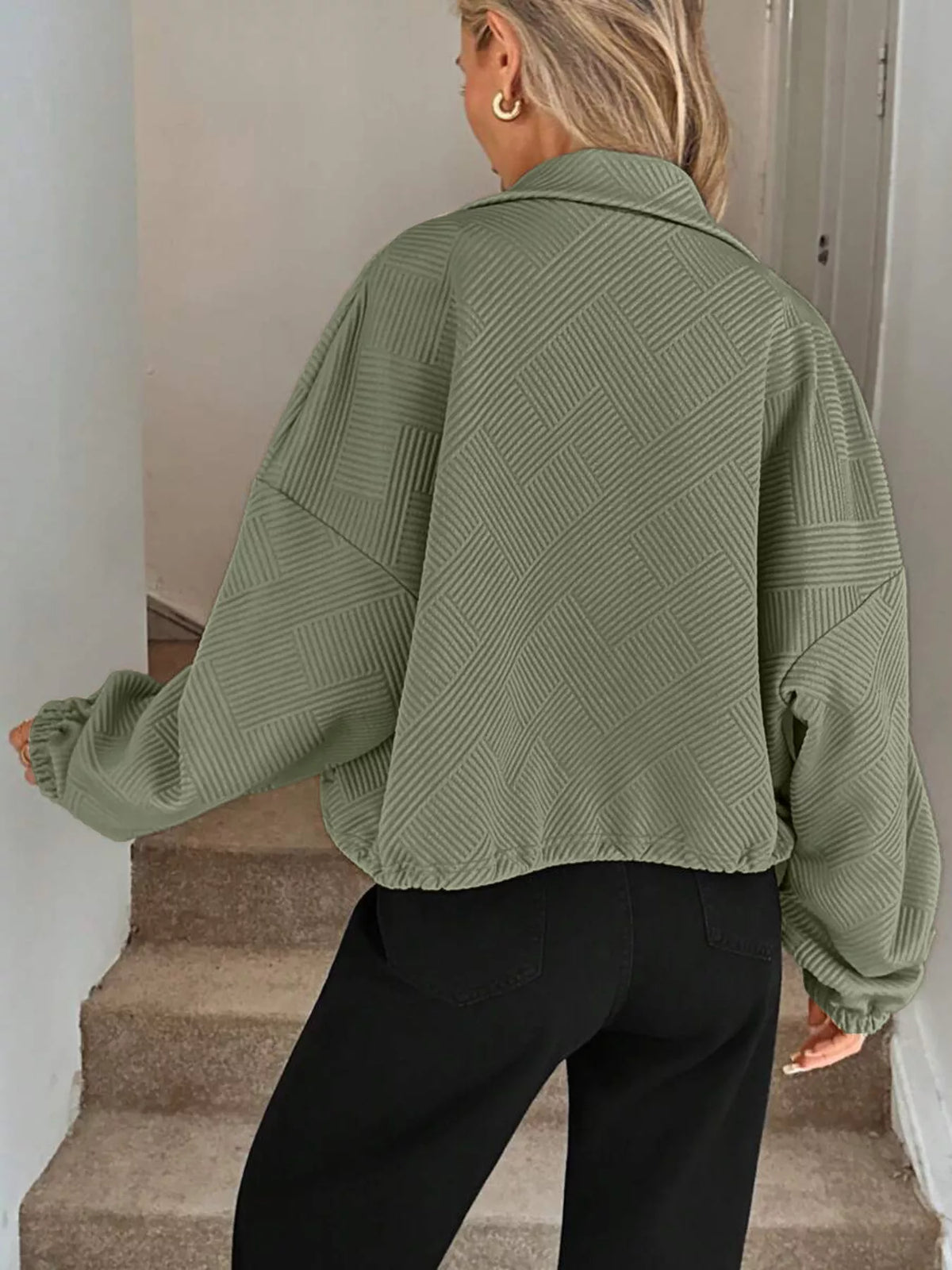Drawstring Hem Textured Long Sleeve Jacket, view 14