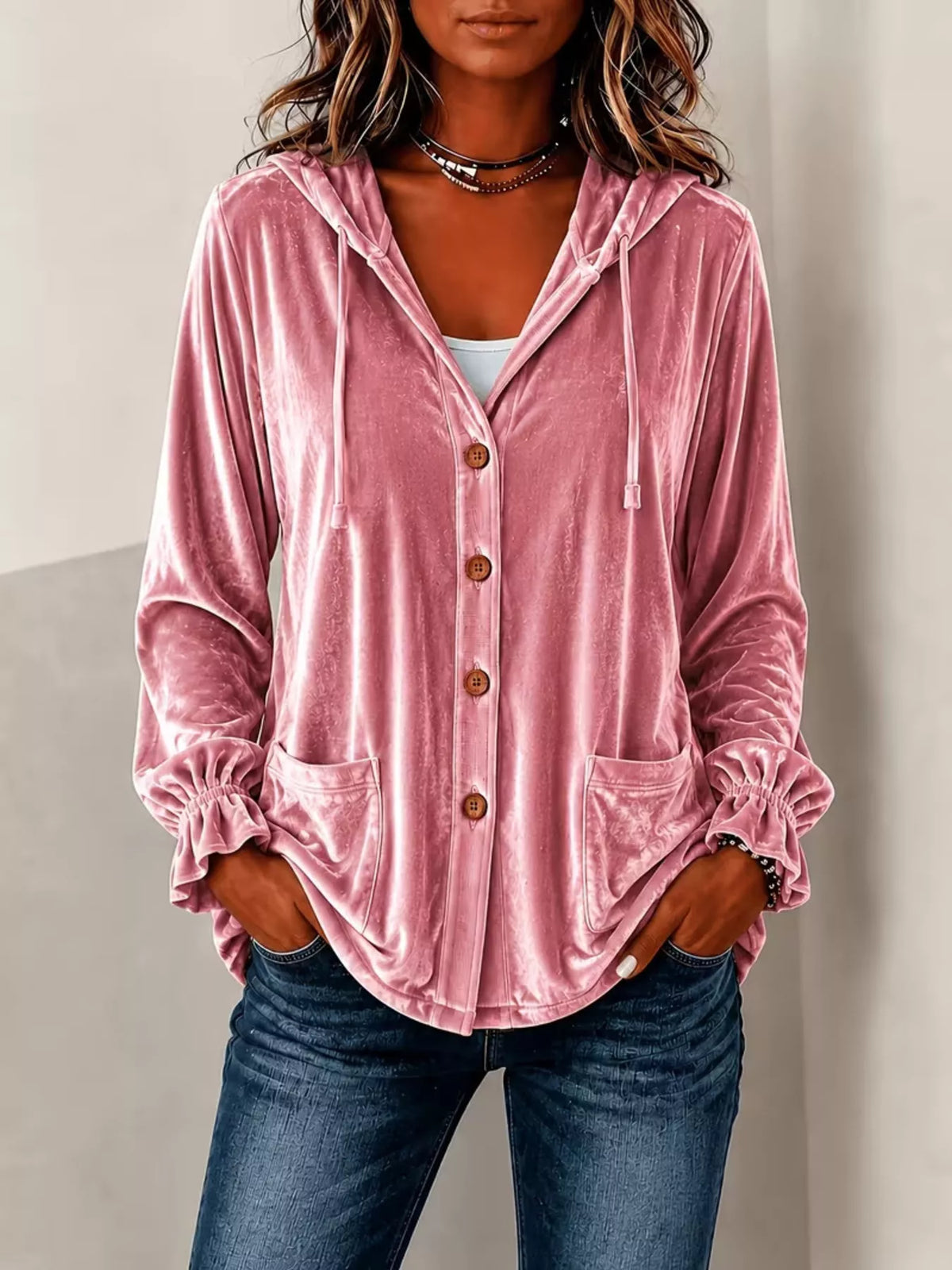 Full Size Velvet Button-Down Hooded Outerwear Plus Size - Lilixa.store