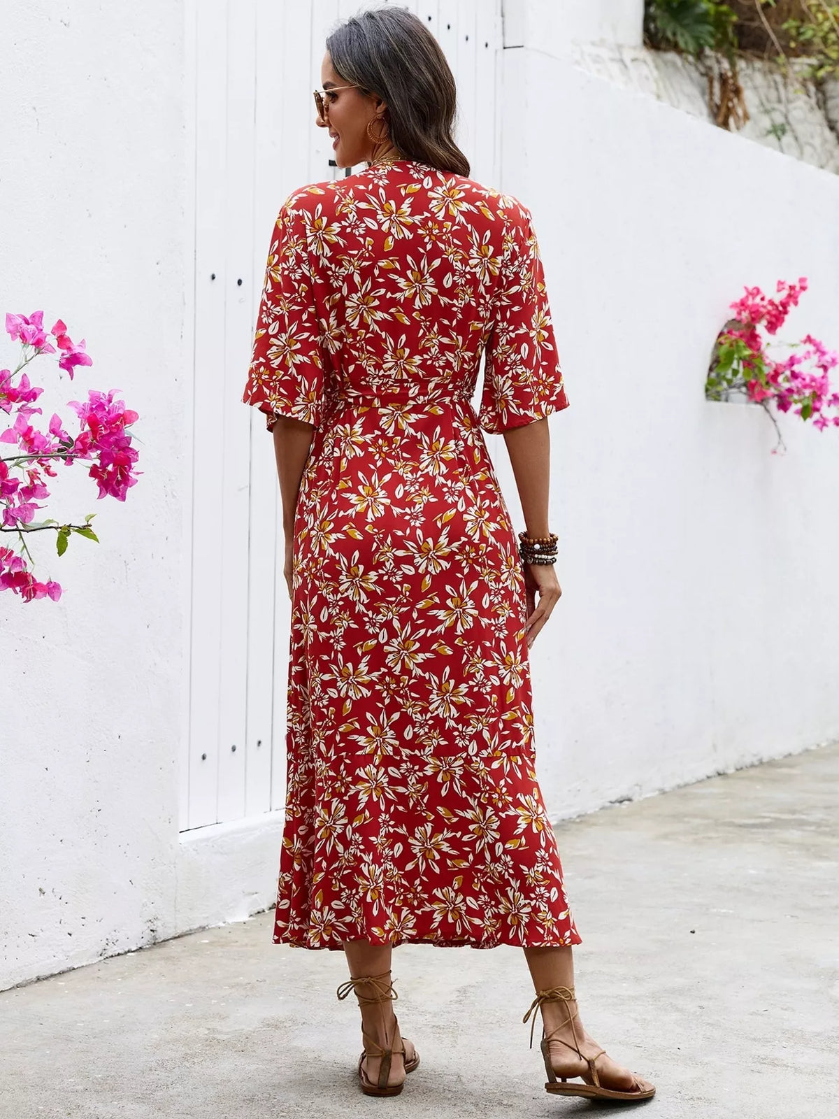 Slit Printed Surplice Midi Dress