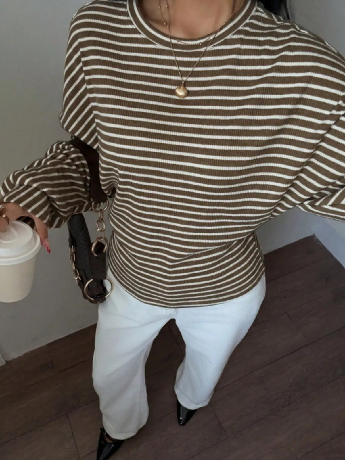 Casual Striped Long Sleeve Batwing T-Shirt in Brown