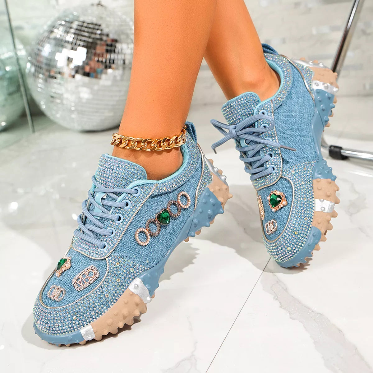 Rhinestone Round Toe Sneakers - Lilixa.store