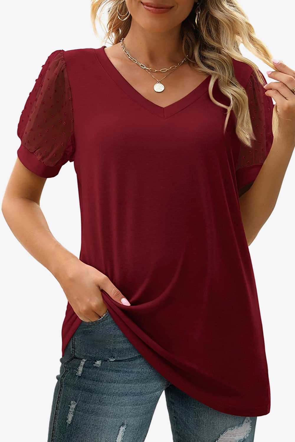 Swiss Dot Puff Sleeve V-Neck Tee - Lilixa.store