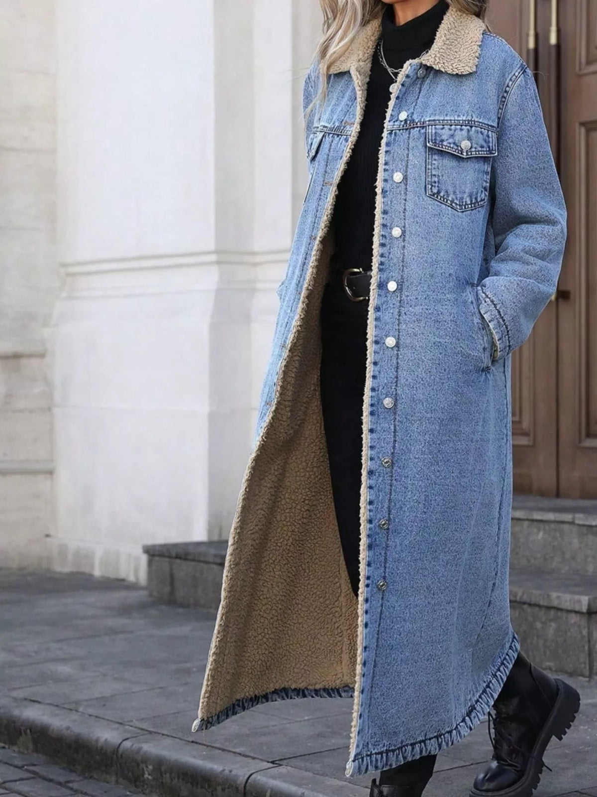 Sherpa Lined Longline Denim Jacket, view 19