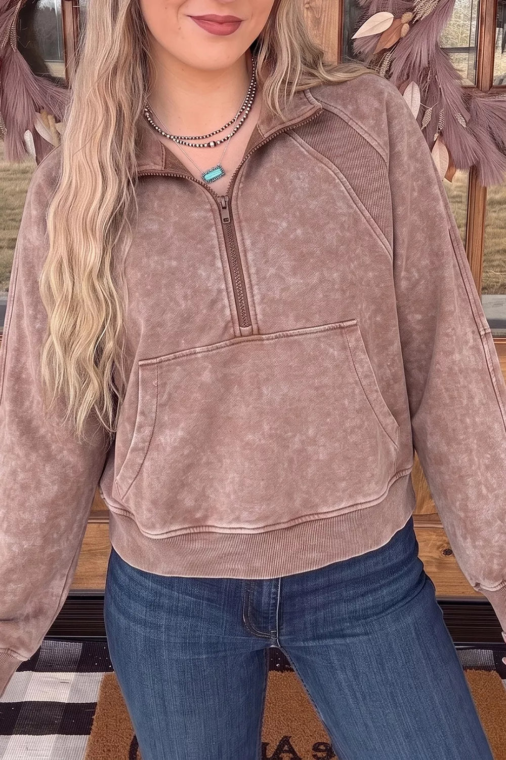 Vintage Half-Zip Long Sleeve Ribbed Cuffs Hem Shift Silhouette Sweatshirt - Lilixa.store
