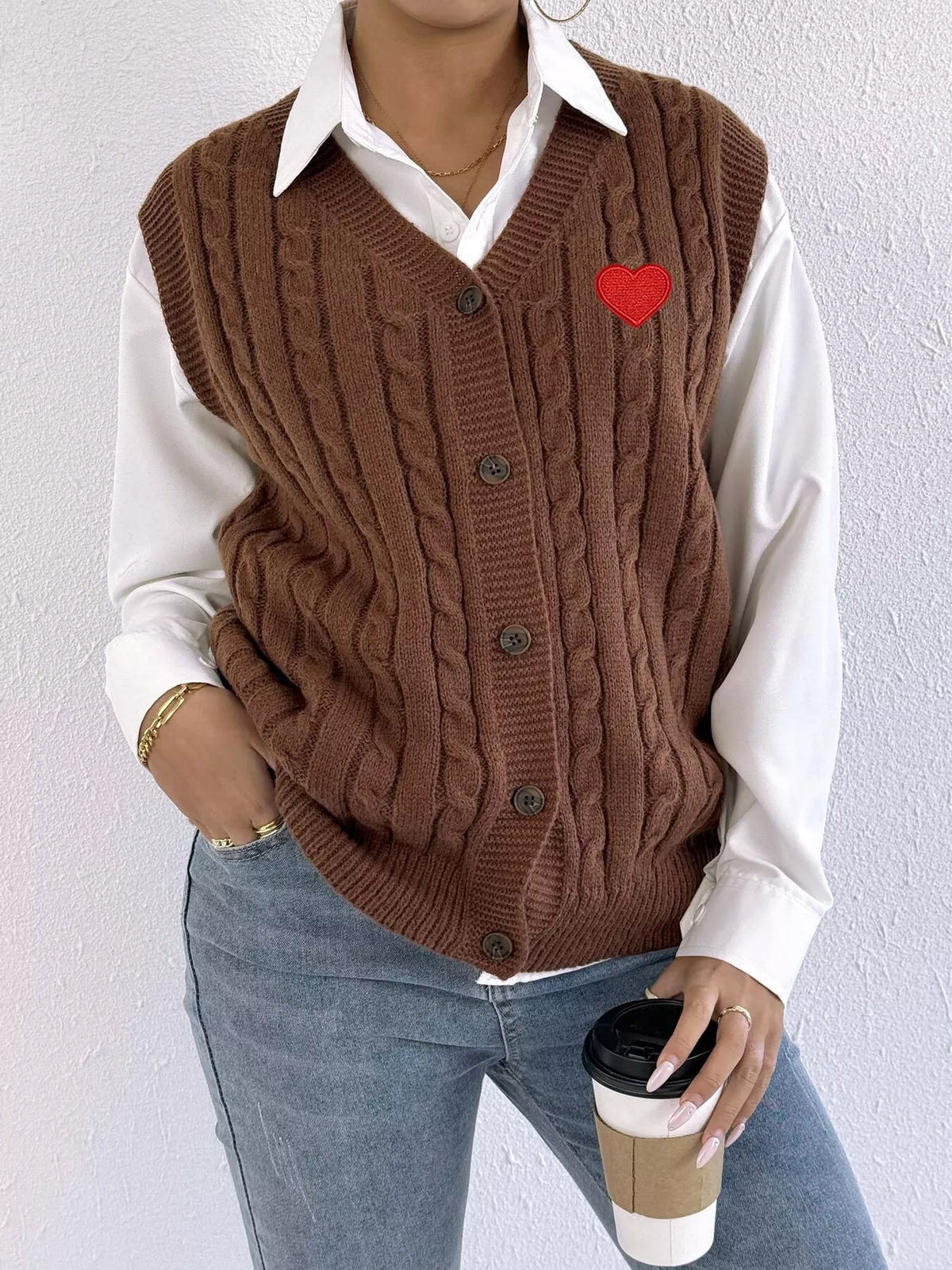 V-Neck Cable Knit Button-Down Sweater Vest with Heart Embroidery