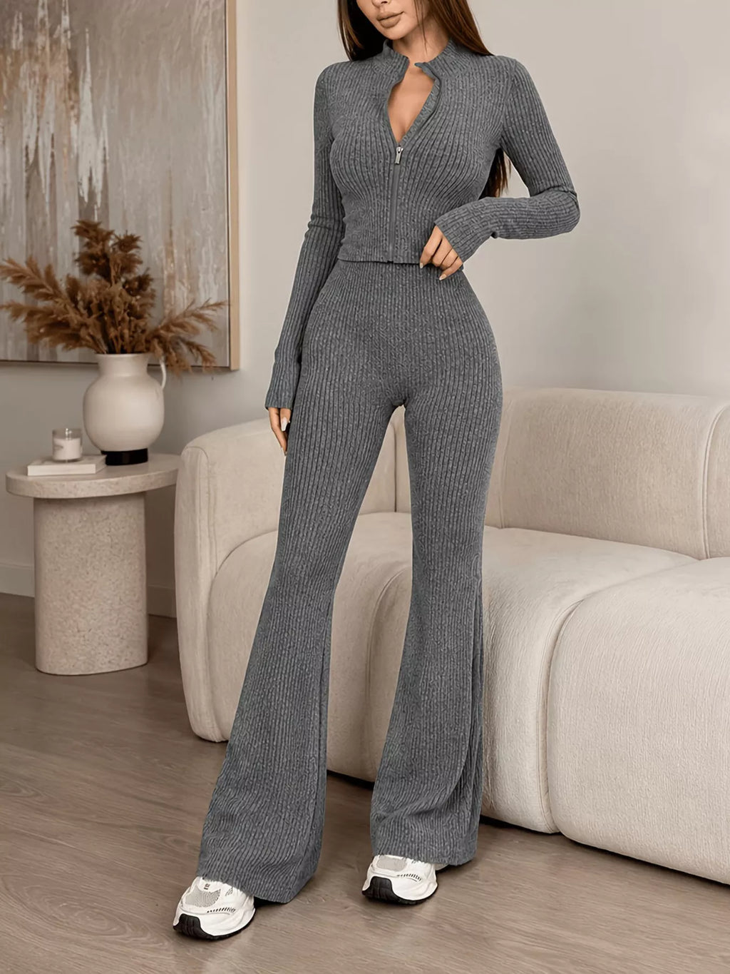 Ribbed Zip-Up Cardigan and Pants Knit Set - Lilixa.store