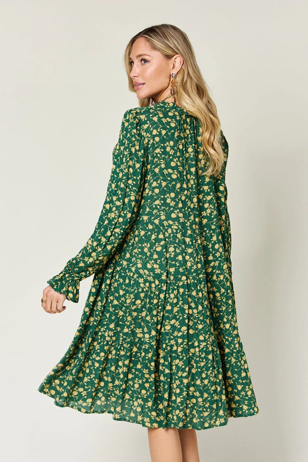 Double Take Full Size Printed Ruffle Hem Long Sleeve Tiered Dress - Lilixa.store