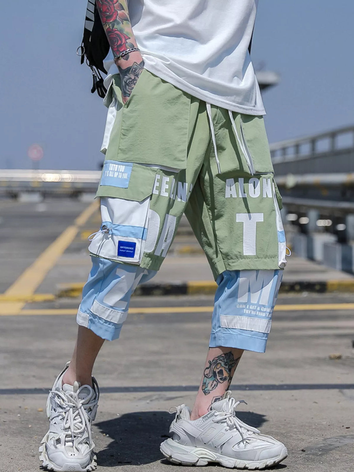 Men's Plus Size Color Block Cargo Pants in Light Green