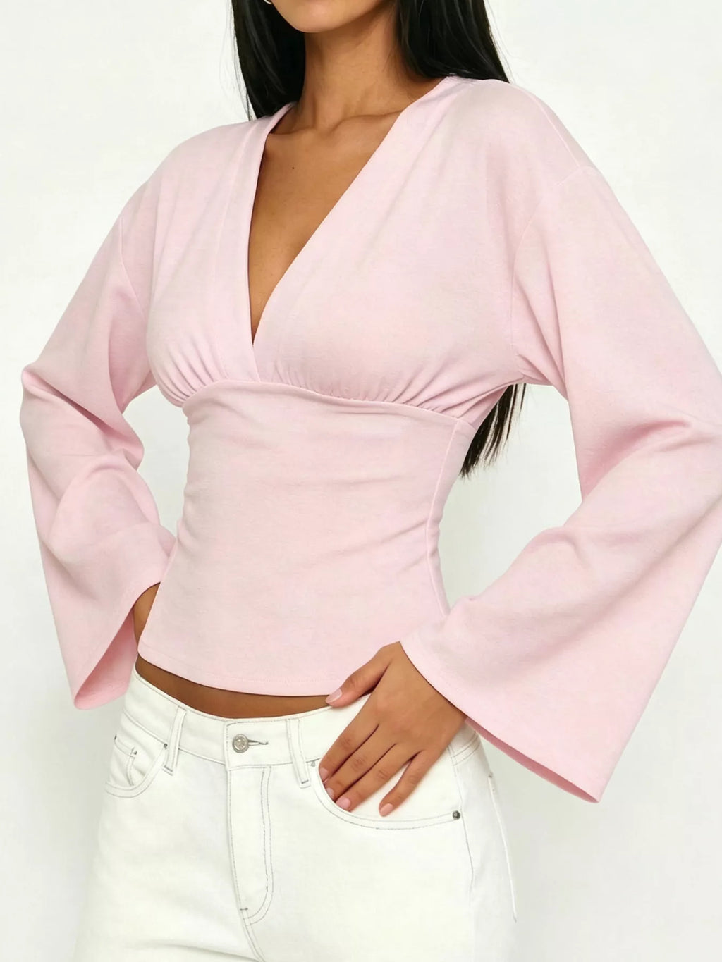 V-Neck Flare Sleeve Blouse - Lilixa.store