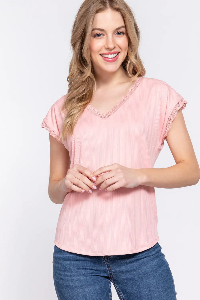 ACTIVE BASIC Lace Trim V-Neck Short Sleeve Ribbed Top - Lilixa.store
