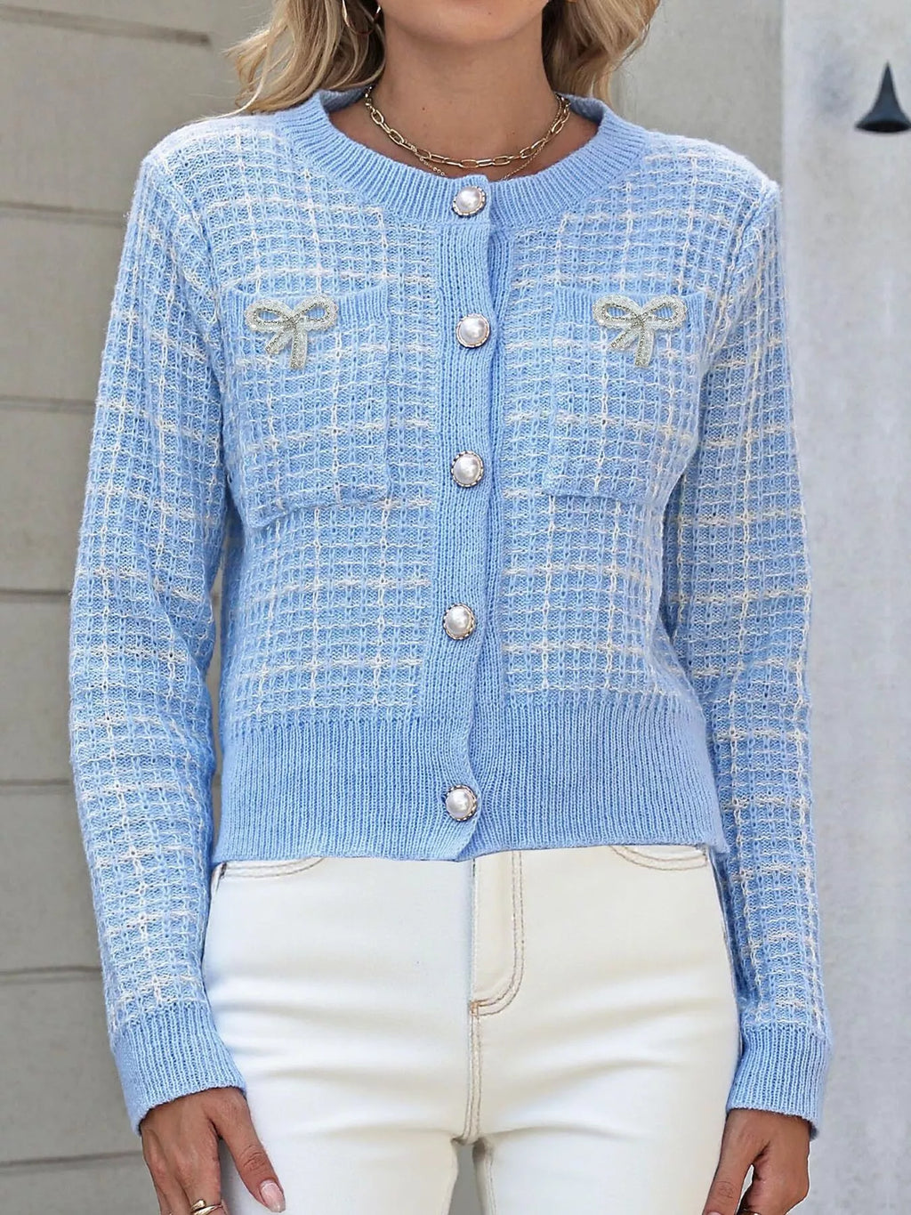 Tweed-Style Bow Button-Down Cardigan - Lilixa.store