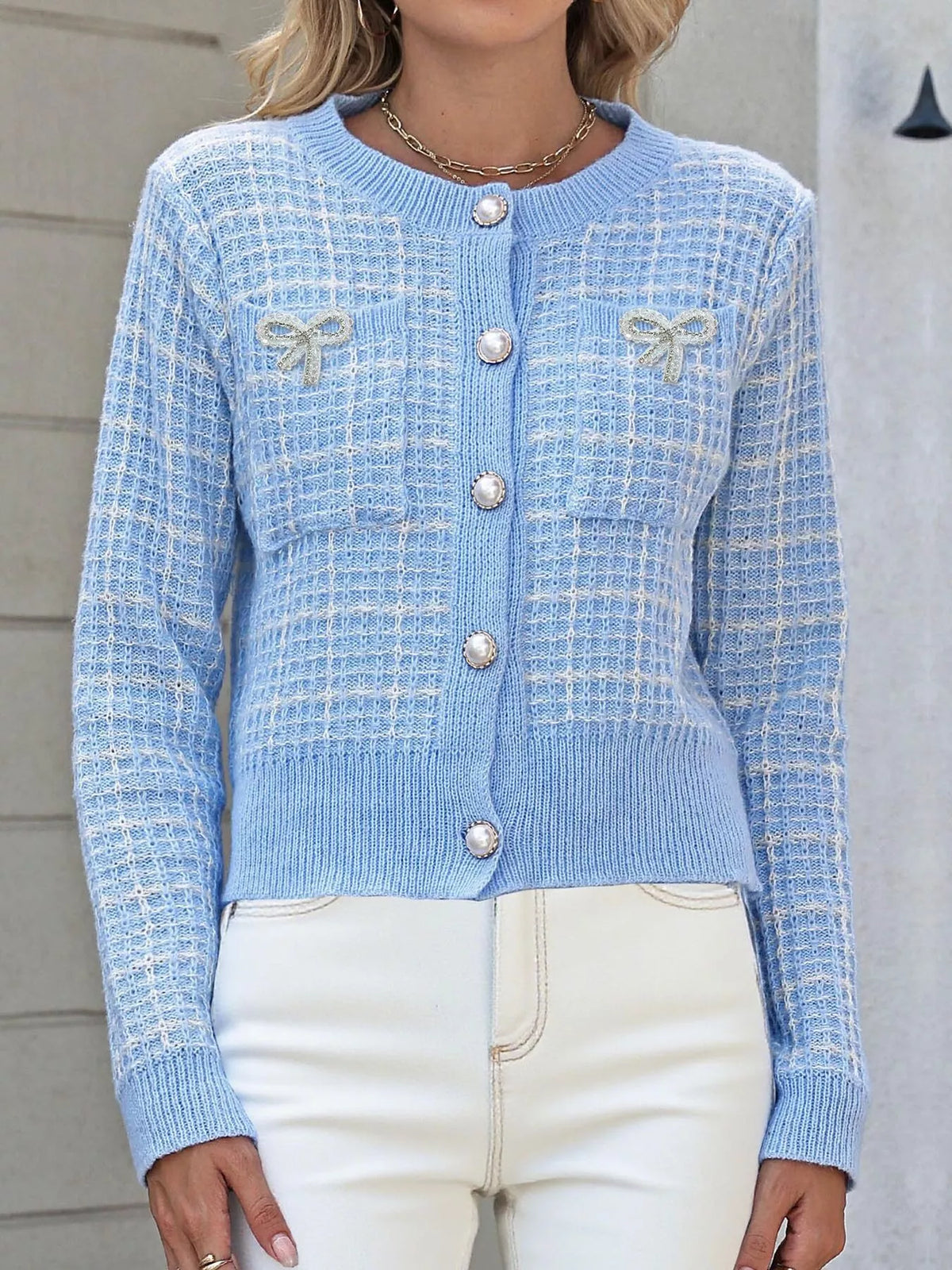 Tweed-Style Bow Button-Down Cardigan - Lilixa.store