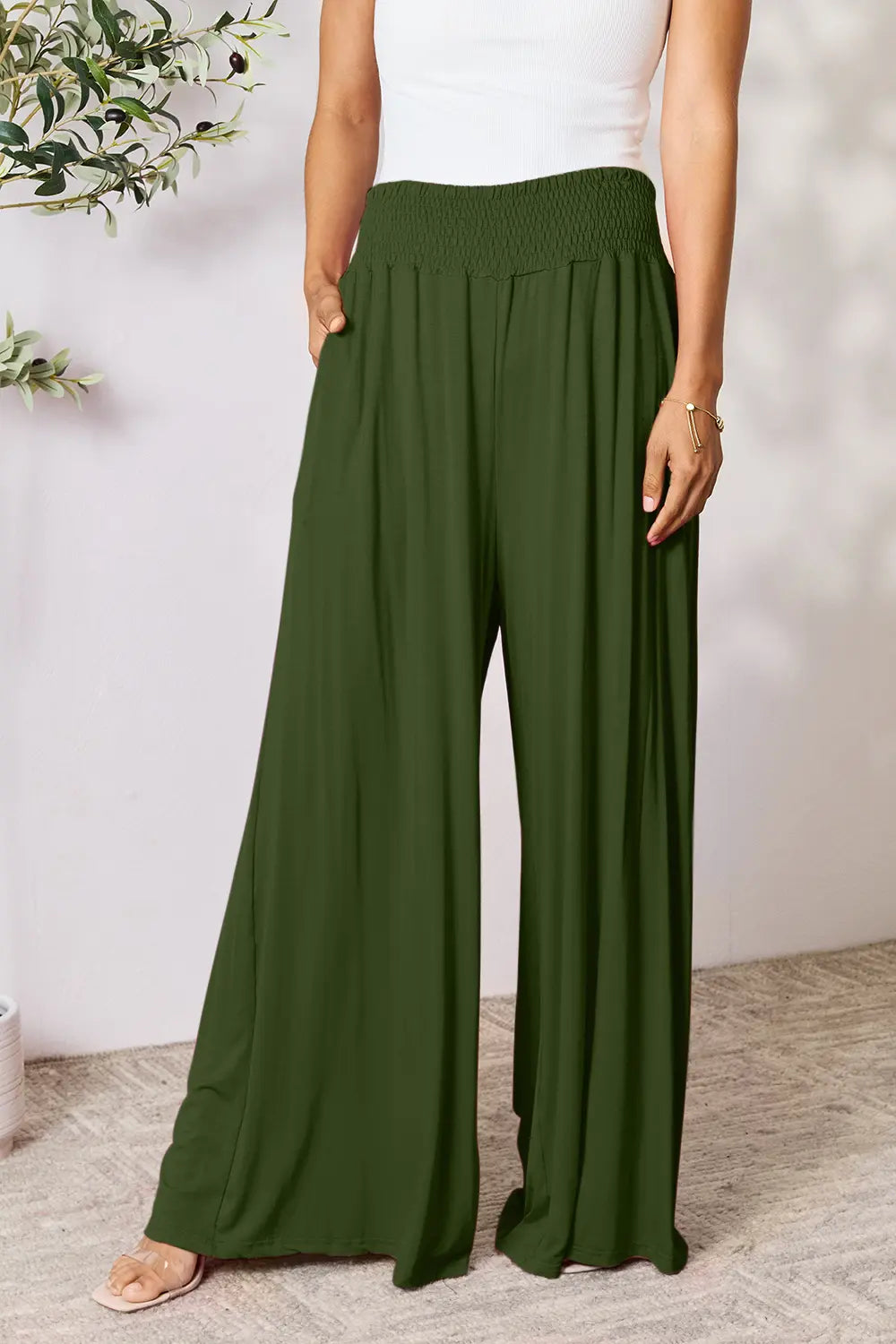 Basic Bae Full Size Smocked Wide Waistband Wide Leg Pants - Lilixa.store